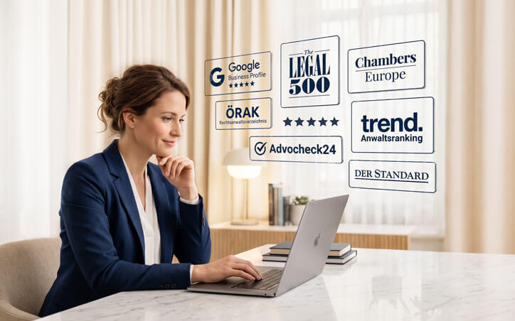 Rechtsanwältin am Laptop mit Logos wichtiger Anwaltsplattformen und Rankings in Österreich, darunter Google, ÖRAK, Legal 500 und Chambers Europe